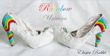 Load image into Gallery viewer, Rainbow Unicorn Sequin Heels Lace Fabric Custom Heel Ribbon White Shoe Size 3 4 5 6 7 8 Wedding Bridal Women floral Horse Fantasy Sparkly