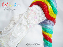 Load image into Gallery viewer, Rainbow Unicorn Sequin Heels Lace Fabric Custom Heel Ribbon White Shoe Size 3 4 5 6 7 8 Wedding Bridal Women floral Horse Fantasy Sparkly