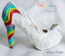 Load image into Gallery viewer, Rainbow Unicorn Sequin Heels Lace Fabric Custom Heel Ribbon White Shoe Size 3 4 5 6 7 8 Wedding Bridal Women floral Horse Fantasy Sparkly