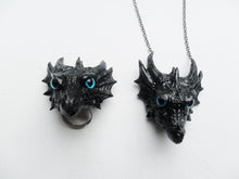 Lade das Bild in den Galerie-Viewer, Dragon Head Necklace Ring Set Custom Hand Sculpt Paint Black Multicolour Kraken Adjustable Mens Womens Unisex Jewelry Goth Gothic rockabilly