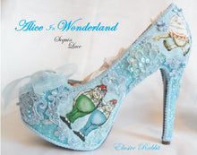 Cargar imagen en el visor de la galería, John Tenniel's Classic 1865 Alice In Wonderland 5.5" Lace Sequin Fabric Custom Heel Ribbon Blue Shoe Size 3 4 5 6 7 8 Wedding Bridal Women