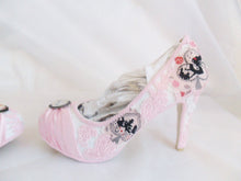 Cargar imagen en el visor de la galería, John Tenniel's Classic 1865 Alice In Wonderland Lace Fabric Custom Heel Ribbon Pink Shoe Flat Size 3 4 5 6 7 8 Wedding Bridal Heel UK Women