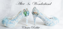 Cargar imagen en el visor de la galería, John Tenniel's Classic 1865 Alice In Wonderland Lace Fabric Custom Heel Ribbon Blue Shoe Flat Size 3 4 5 6 7 8 Wedding Bridal Heel UK Women