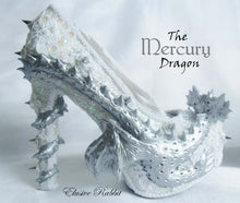 Load image into Gallery viewer, The Mercury Dragon Heels Custom Hand Sculpt Kraken Shoe Size 3 4 5 6 7 8 High Wedge Fantasy Mythical Bridal Wedding Alternative White Lace