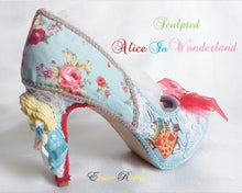 Load image into Gallery viewer, Sculpted John Tenniel's Classic 1865 Alice In Wonderland Lace Fabric Custom Heel Ribbon Blue Shoe Size 3 4 5 6 7 8 Wedding Bridal Heel Women