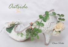 Load image into Gallery viewer, Outside In Heels Foliage Floral Flower Green Couture Lace Fabric Custom Heel Ribbon Ivory Shoe Size 3 4 5 6 7 8 Wedding Bridal Heel Women
