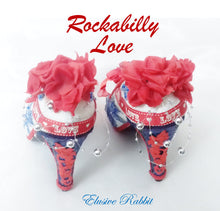 Cargar imagen en el visor de la galería, Rockabilly Love Heels Red Blue 1950's Flower Lace Fabric Custom Heel Ribbon Ivory Shoe Size 3 4 5 6 7 8 Wedding Bridal Love Gem Ribbon Navy