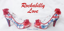 Cargar imagen en el visor de la galería, Rockabilly Love Heels Red Blue 1950's Flower Lace Fabric Custom Heel Ribbon Ivory Shoe Size 3 4 5 6 7 8 Wedding Bridal Love Gem Ribbon Navy