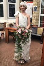 Load image into Gallery viewer, Rubelle 1920 Vintage Heels Foliage Floral Grass Flower Green Lace Fabric Custom Heel Ribbon Ivory Shoe Size 3 4 5 6 7 8 Wedding Bridal Pink