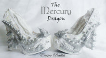 Load image into Gallery viewer, The Mercury Dragon Heels Custom Hand Sculpt Kraken Shoe Size 3 4 5 6 7 8 High Wedge Fantasy Mythical Bridal Wedding Alternative White Lace
