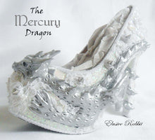 Load image into Gallery viewer, The Mercury Dragon Heels Custom Hand Sculpt Kraken Shoe Size 3 4 5 6 7 8 High Wedge Fantasy Mythical Bridal Wedding Alternative White Lace