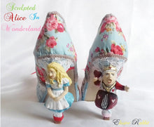 Load image into Gallery viewer, Sculpted John Tenniel's Classic 1865 Alice In Wonderland Lace Fabric Custom Heel Ribbon Blue Shoe Size 3 4 5 6 7 8 Wedding Bridal Heel Women