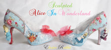 Load image into Gallery viewer, Sculpted John Tenniel's Classic 1865 Alice In Wonderland Lace Fabric Custom Heel Ribbon Blue Shoe Size 3 4 5 6 7 8 Wedding Bridal Heel Women