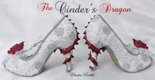 Cargar imagen en el visor de la galería, The Cinder's Dragon Wedding Lace Bridal Heels Fabric Flower Custom Ribbon Red Fire Shoe Size 3 4 5 6 7 8 UK Women 3" Kitten Low Wing