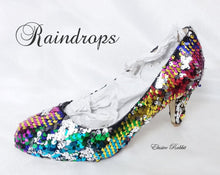 Cargar imagen en el visor de la galería, Rainbow Raindrops Scales Wedding Bridal Heel Mermaid Reversible Sequin Fabric Heels Custom Personalized Shoe Size 3 4 5 6 7 8 Party Pride