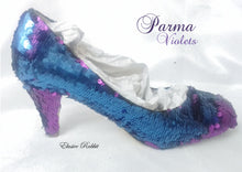 Load image into Gallery viewer, Parma Violets Blue Purple Scales Mermaid Reversible Sequin Fabric Heels Custom Personalized Shoe High Size 3 4 5 6 7 8 Platform Party Pride