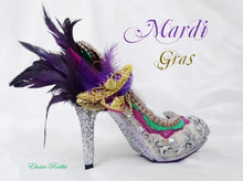 Load image into Gallery viewer, Mardi Gras Heels Carnival Venetian Baroque Custom Hand Sculpt Kraken Shoe Size 3 4 5 6 7 8 Glitter Silver Gold Green Purple Lace Feather