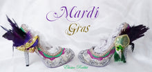 Load image into Gallery viewer, Mardi Gras Heels Carnival Venetian Baroque Custom Hand Sculpt Kraken Shoe Size 3 4 5 6 7 8 Glitter Silver Gold Green Purple Lace Feather