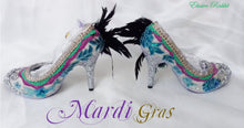 Load image into Gallery viewer, Mardi Gras Heels Carnival Venetian Baroque Custom Hand Sculpt Kraken Shoe Size 3 4 5 6 7 8 Glitter Silver Gold Green Purple Lace Feather