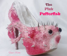 Cargar imagen en el visor de la galería, The Pink Pufferfish Heels Sea Spikes Custom Hand Sculpt Paint Shoe Size 3 4 5 6 7 8 High Wedge Fantasy Mythical Kraken octopus Alternative