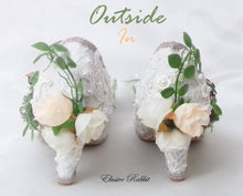 Load image into Gallery viewer, Outside In Heels Foliage Floral Flower Green Couture Lace Fabric Custom Heel Ribbon Ivory Shoe Size 3 4 5 6 7 8 Wedding Bridal Heel Women