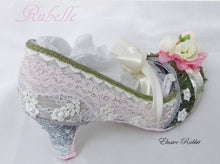 Load image into Gallery viewer, Rubelle 1920 Vintage Heels Foliage Floral Grass Flower Green Lace Fabric Custom Heel Ribbon Ivory Shoe Size 3 4 5 6 7 8 Wedding Bridal Pink