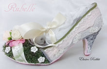 Load image into Gallery viewer, Rubelle 1920 Vintage Heels Foliage Floral Grass Flower Green Lace Fabric Custom Heel Ribbon Ivory Shoe Size 3 4 5 6 7 8 Wedding Bridal Pink