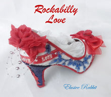 Cargar imagen en el visor de la galería, Rockabilly Love Heels Red Blue 1950's Flower Lace Fabric Custom Heel Ribbon Ivory Shoe Size 3 4 5 6 7 8 Wedding Bridal Love Gem Ribbon Navy