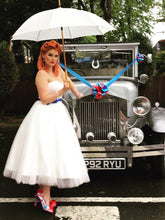 Cargar imagen en el visor de la galería, Rockabilly Love Heels Red Blue 1950's Flower Lace Fabric Custom Heel Ribbon Ivory Shoe Size 3 4 5 6 7 8 Wedding Bridal Love Gem Ribbon Navy