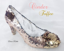 Load image into Gallery viewer, Cinder Toffee Rose Gold Wedding Bridal Scales Mermaid Reversible Sequin Heels Custom Personalized Shoe High Stiletto Size 3 4 5 6 7 8 Party