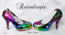Cargar imagen en el visor de la galería, Rainbow Raindrops Scales Wedding Bridal Heel Mermaid Reversible Sequin Fabric Heels Custom Personalized Shoe Size 3 4 5 6 7 8 Party Pride