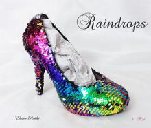 Cargar imagen en el visor de la galería, Rainbow Raindrops Scales Wedding Bridal Heel Mermaid Reversible Sequin Fabric Heels Custom Personalized Shoe Size 3 4 5 6 7 8 Party Pride