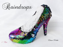 Cargar imagen en el visor de la galería, Rainbow Raindrops Scales Wedding Bridal Heel Mermaid Reversible Sequin Fabric Heels Custom Personalized Shoe Size 3 4 5 6 7 8 Party Pride