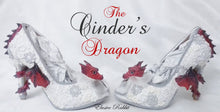 Cargar imagen en el visor de la galería, The Cinder's Dragon Wedding Lace Bridal Heels Fabric Flower Custom Ribbon Red Fire Shoe Size 3 4 5 6 7 8 UK Women 3" Kitten Low Wing