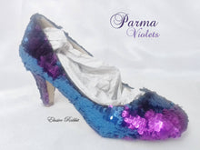 Load image into Gallery viewer, Parma Violets Blue Purple Scales Mermaid Reversible Sequin Fabric Heels Custom Personalized Shoe High Size 3 4 5 6 7 8 Platform Party Pride