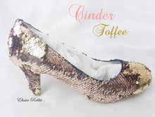 Load image into Gallery viewer, Cinder Toffee Rose Gold Wedding Bridal Scales Mermaid Reversible Sequin Heels Custom Personalized Shoe High Stiletto Size 3 4 5 6 7 8 Party