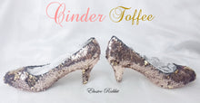 Load image into Gallery viewer, Cinder Toffee Rose Gold Wedding Bridal Scales Mermaid Reversible Sequin Heels Custom Personalized Shoe High Stiletto Size 3 4 5 6 7 8 Party