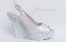Load image into Gallery viewer, Melusine White Pink Siren Scales Mermaid Reversible Sequin Fabric Heels Custom Personalized Shoe High Size 3 4 5 6 7 8 Party Christmas