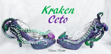 Cargar imagen en el visor de la galería, Kraken Ceto Diamond Treasure Heels Custom Hand Sculpt Paint Shoe Size 3 4 5 6 7 8 High Wedge Sea Creature Monster Mythical Octopus Squid