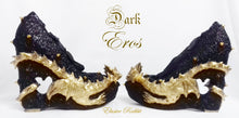 Cargar imagen en el visor de la galería, Dark Eros Dragon Heels Gold Heart Spikes Custom Sculpt Shoe Kraken heel Size 3 4 5 6 7 8 Wedge Fantasy Mythical Bridal Wedding Alternative