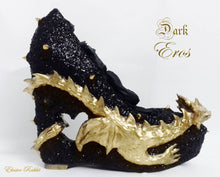 Cargar imagen en el visor de la galería, Dark Eros Dragon Heels Gold Heart Spikes Custom Sculpt Shoe Kraken heel Size 3 4 5 6 7 8 Wedge Fantasy Mythical Bridal Wedding Alternative