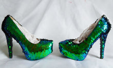 Load image into Gallery viewer, Siren Scales Mermaid Reversible Sequin Fabric Heels Custom Personalized Womens Shoe High Stiletto Size 3 4 5 6 7 8 Platform Party Christmas