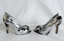Load image into Gallery viewer, Ready To Go Size UK 4 EU 37 US 6 Peep Toe Silver Siren Scales Mermaid Reversible Sequin Fabric Heels Custom Womens Shoe High Stiletto Party