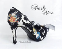 Load image into Gallery viewer, Dark Alice Gothic Vintage John Tenniel's Classic 1865 Alice In Wonderland Lace Black Custom Heel Shoe Flat Size 3 4 5 6 7 8 Wedding Bridal