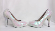 Load image into Gallery viewer, Melusine White Pink Siren Scales Mermaid Reversible Sequin Fabric Heels Custom Personalized Shoe High Size 3 4 5 6 7 8 Party Christmas