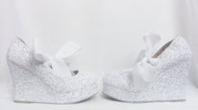 Load image into Gallery viewer, Oodles Decadence Bridal White Silver Glitter Ribbon Mary Jane Strap Wedding Custom Personalized Women Peep Toe Shoe Heel Size 3 4 5 6 7 8