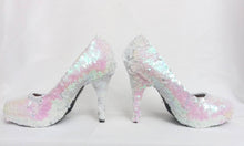 Load image into Gallery viewer, Melusine White Pink Siren Scales Mermaid Reversible Sequin Fabric Heels Custom Personalized Shoe High Size 3 4 5 6 7 8 Party Christmas