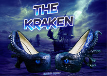 Carica l'immagine nel visualizzatore di Gallery, The Kraken Heels Custom Hand Sculpt Paint Black Blue Shoe Size 3 4 5 6 7 8 High Wedge Sea Abyss Creature Monster Mythical Octopus Squid