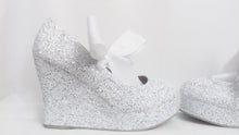 Load image into Gallery viewer, Oodles Decadence Bridal White Silver Glitter Ribbon Mary Jane Strap Wedding Custom Personalized Women Peep Toe Shoe Heel Size 3 4 5 6 7 8