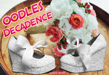 Load image into Gallery viewer, Oodles Decadence Bridal White Silver Glitter Ribbon Mary Jane Strap Wedding Custom Personalized Women Peep Toe Shoe Heel Size 3 4 5 6 7 8